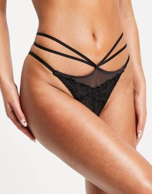 Hunkemoller Luna Floral Lace Double Strap Detail Thong In Black