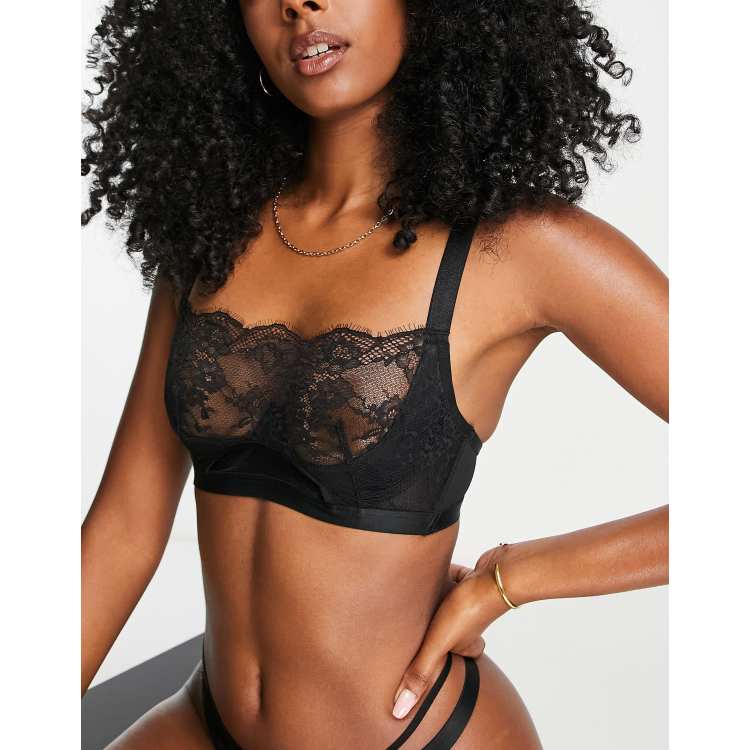 Hunkemoller Tara sheer mesh non padded plunge bra in black