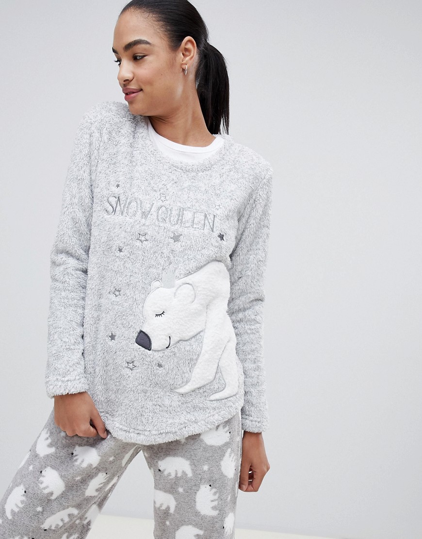 Hunkemoller - Maglia del pigiama a maniche lunghe in pile grigio con orso polare-Navy