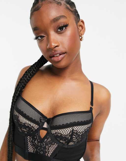 Hunkemoller – Malika – Czarna braletka o wydłużonym fasonie z wyściełanymi miseczkami z siateczki i koronki
