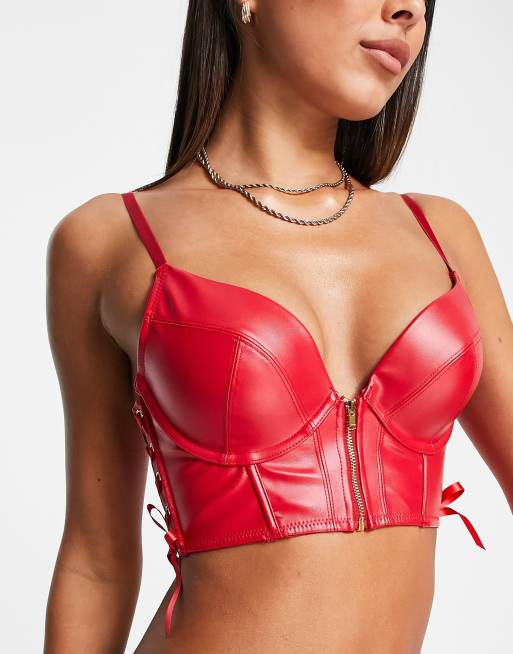 Hunkemoller – Manu – Czerwony wyściełany biustonosz typu push-up z ozdobnym zamkiem z przodu z poliuretanu