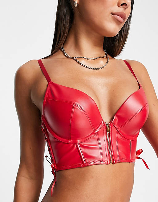 Hunkemoller Manu PU padded push up bra with zip front detail in red