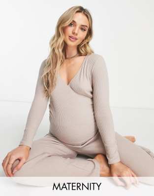 Hunkemoller Maternity Brushed Rib Wrap Front Top And Wide Leg Pants Pajama Set In Oatmeal-multi