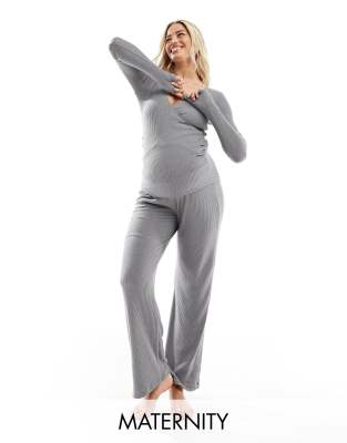 Hunkemoller maternity brushed rib wrap front top and wide leg trouser pyjama set in grey-Multi