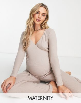 Hunkemoller maternity brushed rib wrap front top and wide leg trouser pyjama set in grey