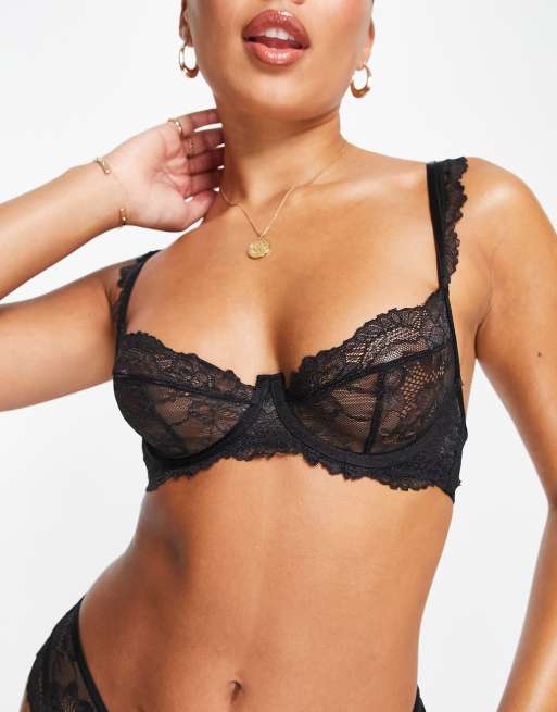 Hunkemöller – Meghan – Ungepolsterter Halbschalen-BH aus Spitze in Schwarz mit verzierten Trägern