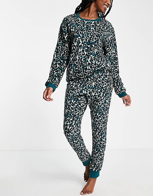 Hunkemoller micro fleece cosy pyjamas in a bag in blue leopard print