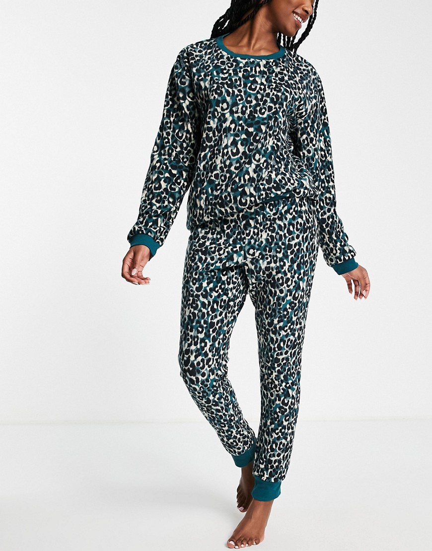 Hunkemoller Micro Fleece Cozy Pajamas In A Bag In Blue Leopard Print