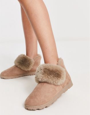 Hunkemoller Mila faux fur lined indoor outdoor bootie slippers in beige