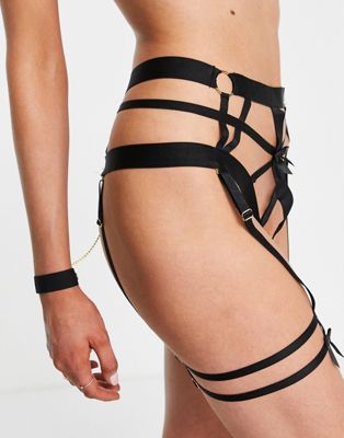 Hunkemoller Minx high waist strappy thong with suspender detail and detachable cuffs in black