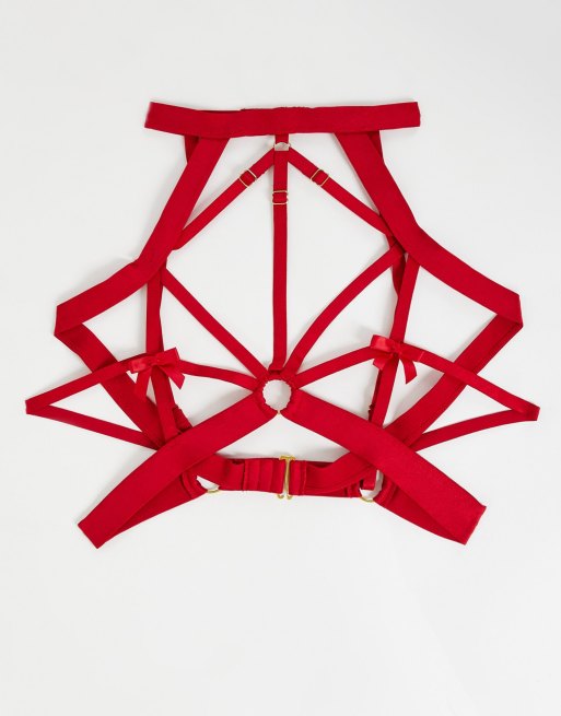 Hunkemoller Minx strapping and bow detail harness bralette in red, 2 of 4