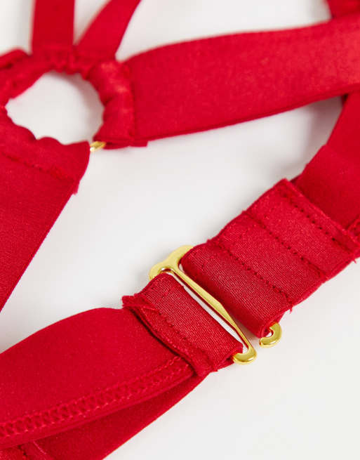 Hunkemoller Minx strapping and bow detail harness bralette in red, 3 of 4