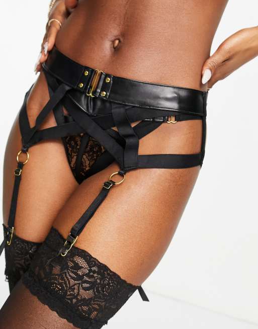 Hunkemoller Occult PU and lace suspender belt with hardware detail in black