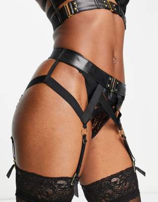 Hunkemöller - Occult - Strumpfhalter aus PU und Spitze in Schwarz mit Metallverzierung