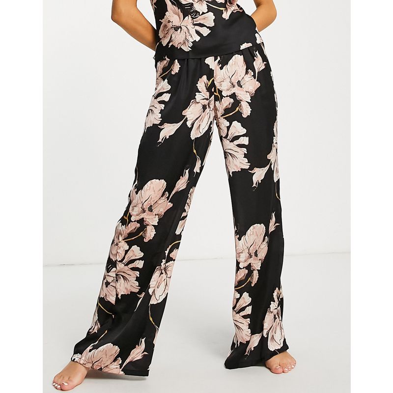 ViB9I Pigiami Hunkemoller - Pantaloni del pigiama in raso nero con stampa a fiori