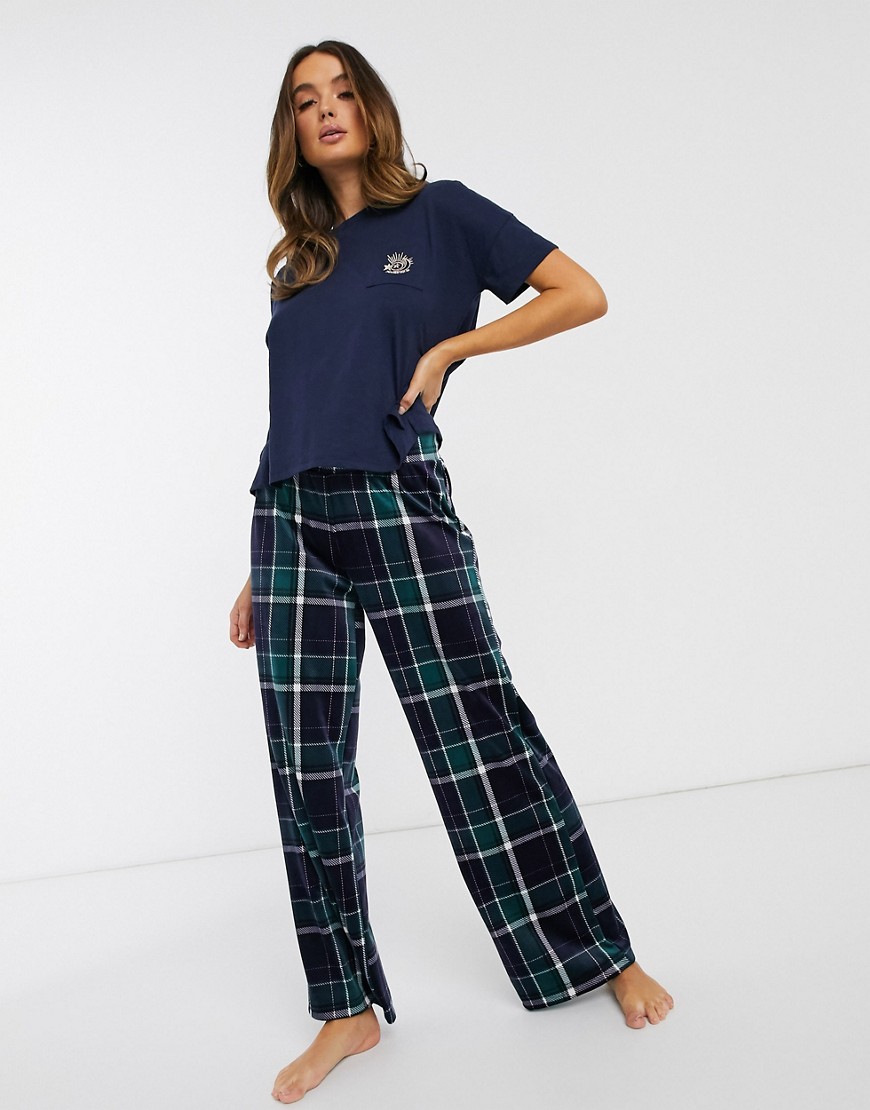 Hunkemoller - Pantaloni del pigiama in velour a quadri blu navy