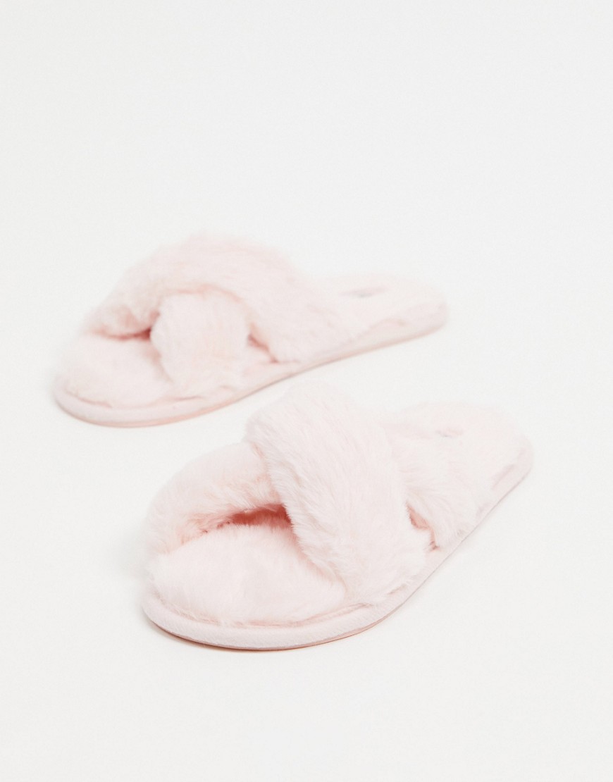 Hunkemöller – Rosa fluffiga tofflor med korsande remmar-Pink