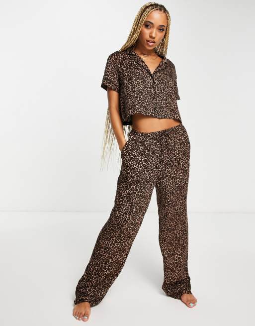 Hunkemoller satin boxy pajama top in leopard print