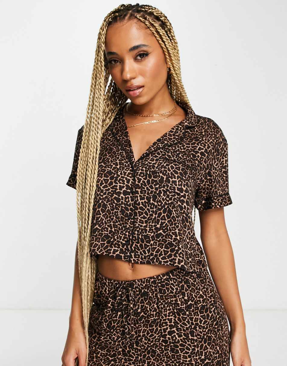 Hunkemoller satin boxy pyjama top in leopard print