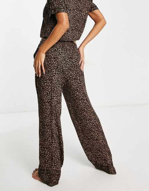 Hunkemoller satin wide leg pyjama pants in leopard print ASOS
