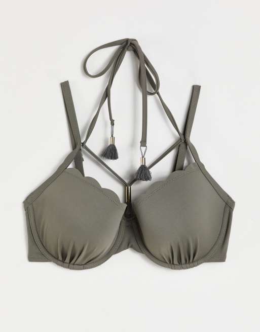 Hunkemoller scallop glam underwire bikini top in tribe green ASOS