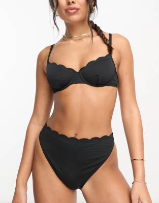 Hunkemoller scalloped high leg high waist bikini bottoms in black