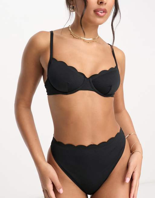 Black plus size scalloped detail high waist bikini swimsuit women swimwear  