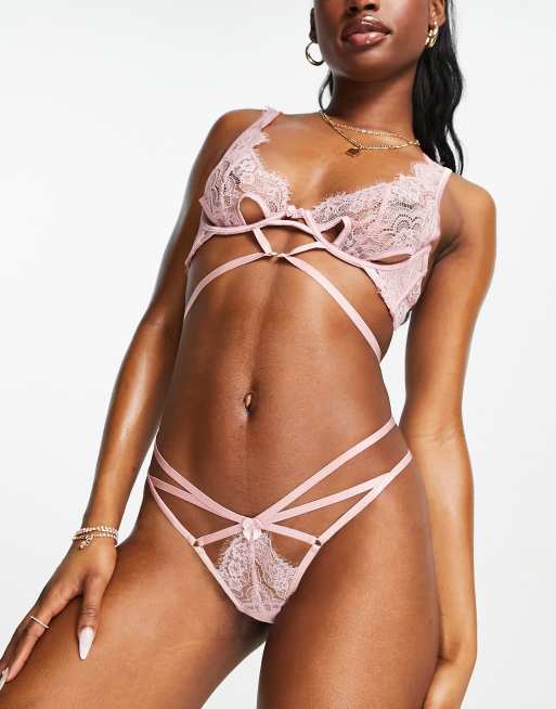 Hunkemoller Seraphina strappy lace cut out thong in pink, 3 of 4