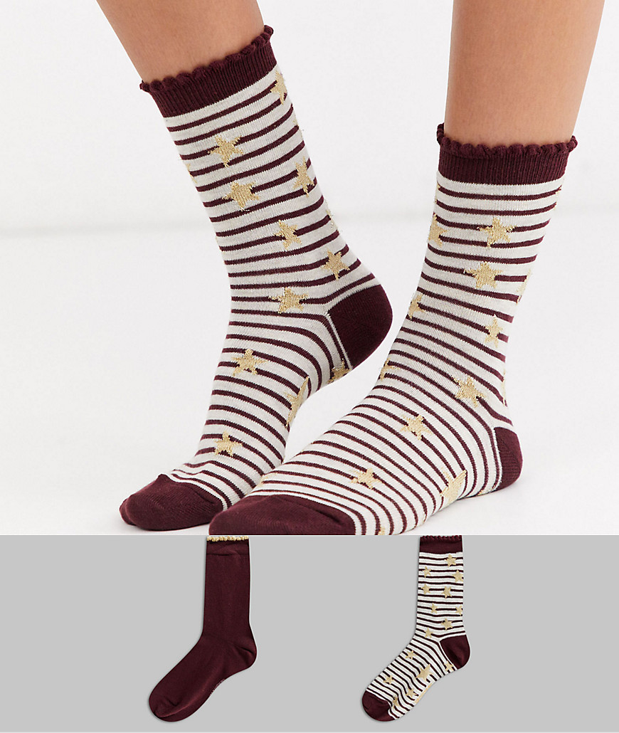 Hunkemoller - Set van 2 paar katoenen sokken met sterren in paars