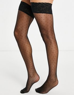 Hunkemoller spot lace top stockings with back seam in black