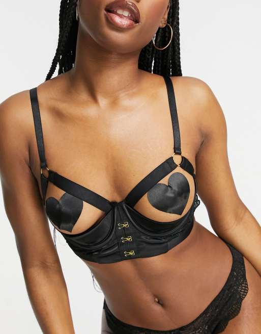 Women Sexy Black Halter Neck Open Bust Cupless Shelf Bra Bralette