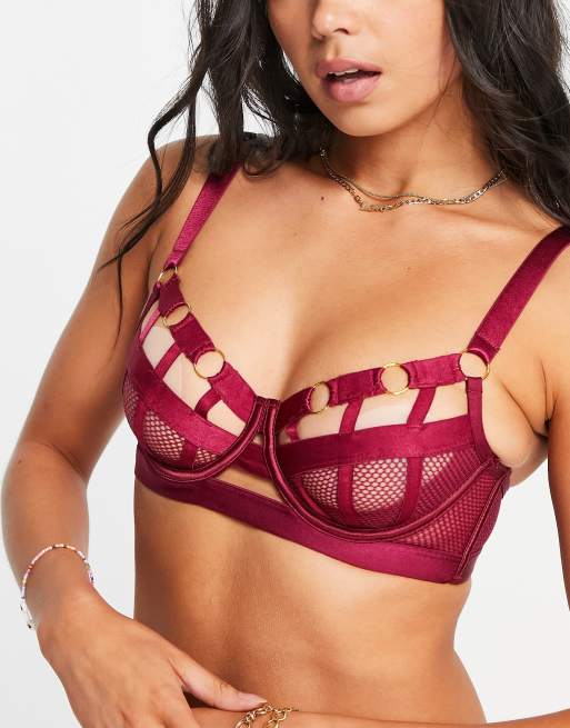 Hunkemoller Sting strappy mesh bra with hardware detail in red, 2 of 4