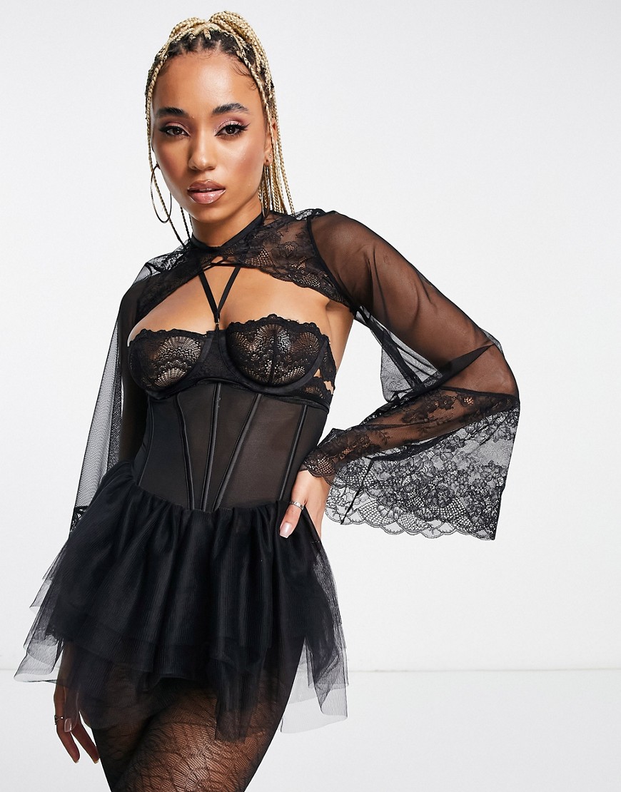 Hunkemoller super cropped lace long sleeve top with lace-up detail in black
