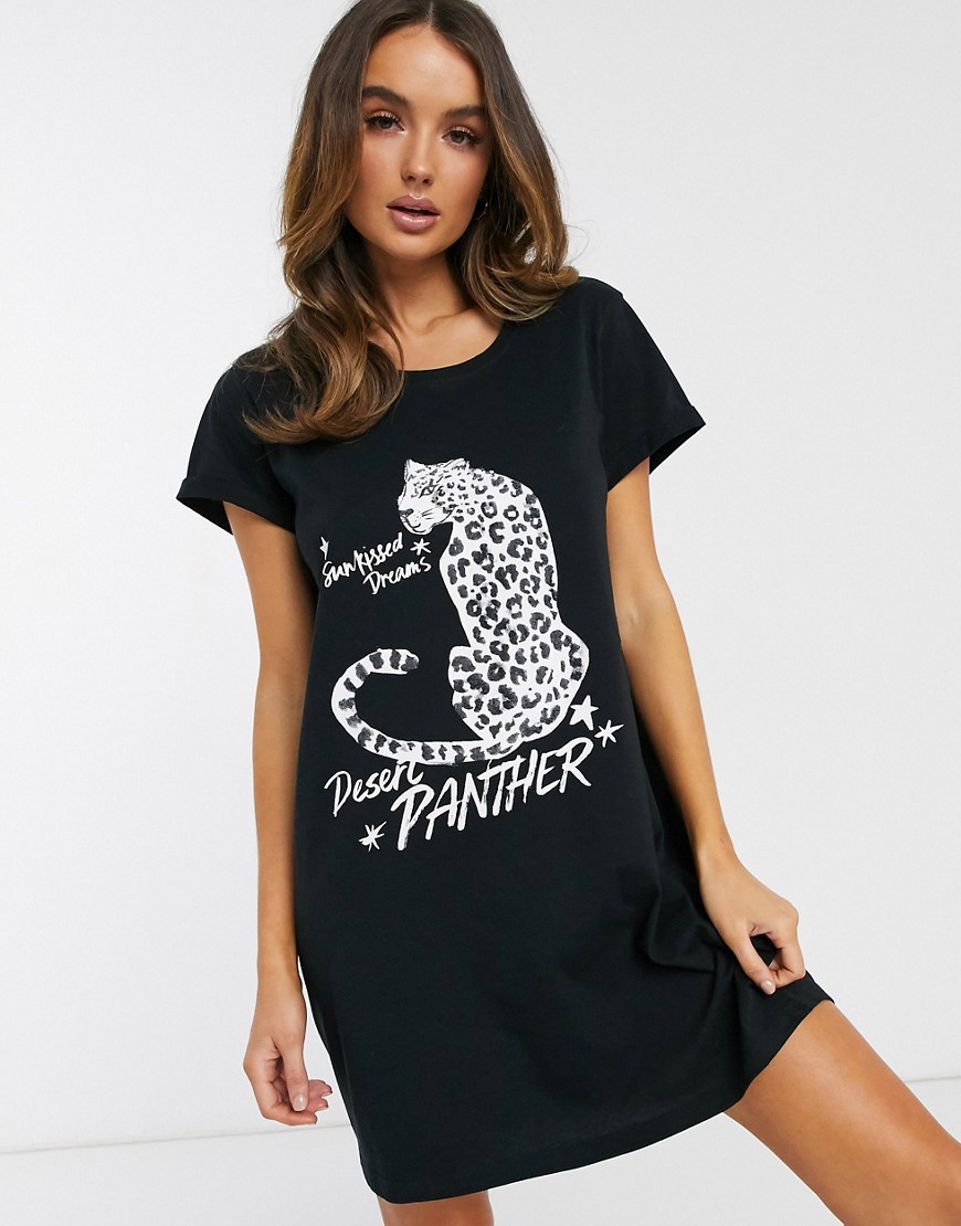 Hunkemoller - T-shirt da notte con pantera nera-Nero