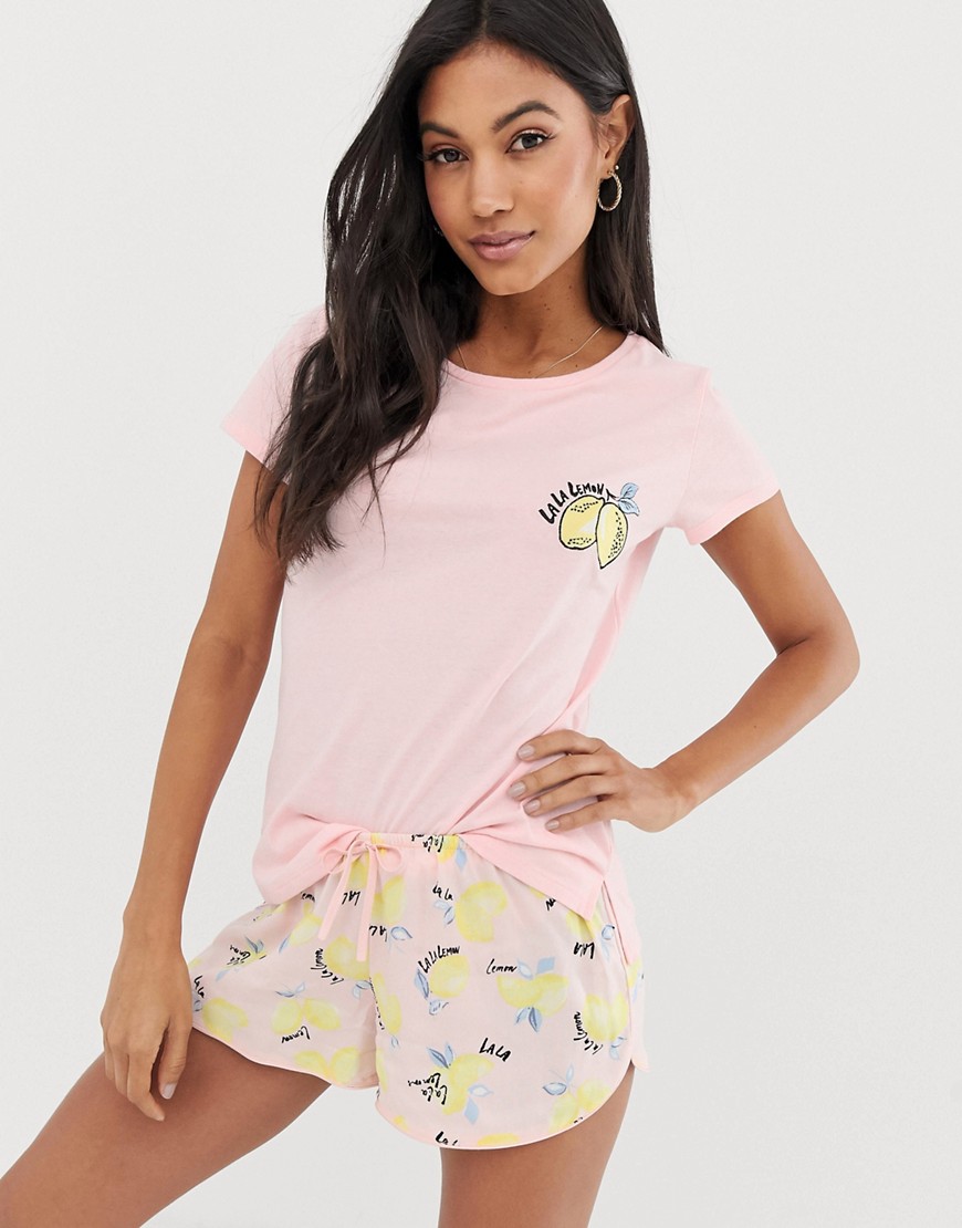Hunkemoller - Top del pigiama a maniche corte in jersey rosa con limoni