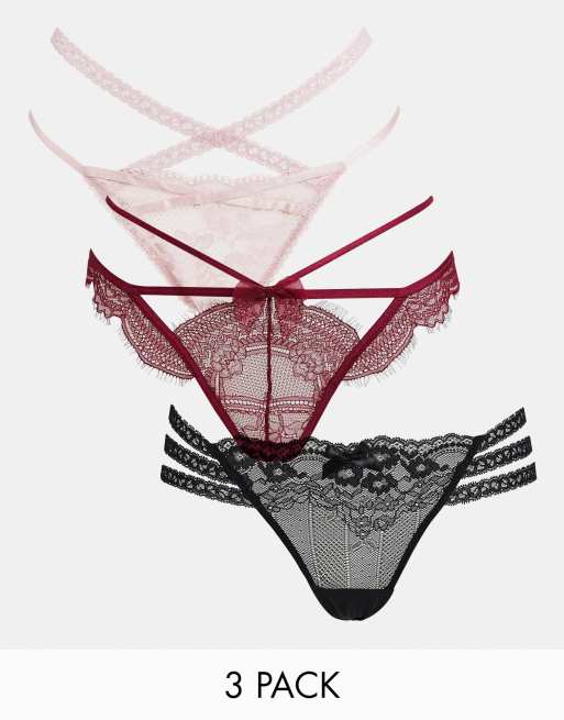 Hunkemöller - Tora - Set van 3 strings met bandjes in roze, rood en zwart