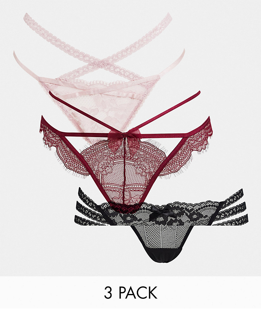 Hunkemoller Tora strappy string thong 3 pack in pink, red and black-Multi