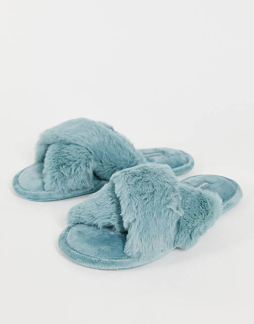 Hunkemoller fluffy cross strap slippers in blue
