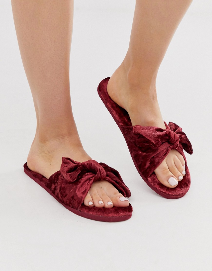Hunkemoller velvet knot slippers in burgundy-Red