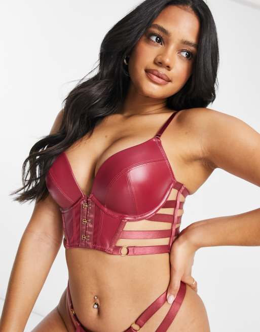 Hunkemöller – Vicky – Ciemnoczerwony usztywniany biustonosz push-up z poliuretanu z ozdobnymi paseczkami