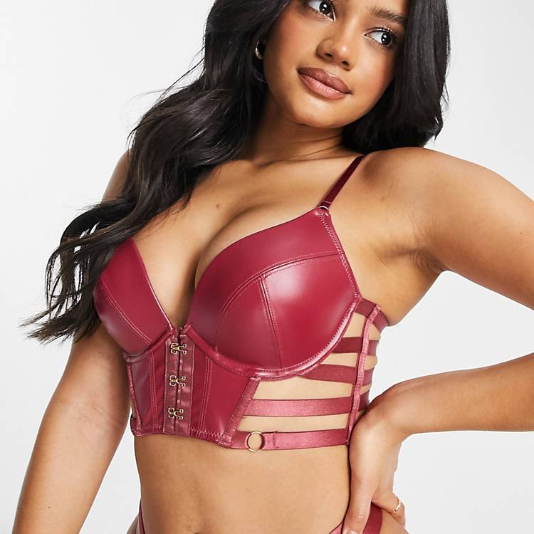 Hunkemoller Vicky faux leather padded push up bra with strappy detail in  dark red