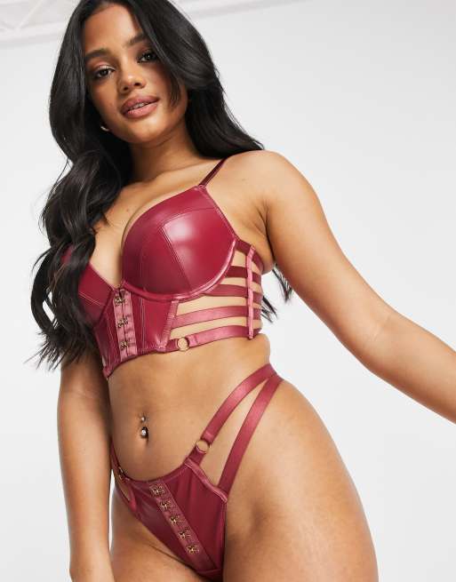 Hunkemoller Vicky PU thong with strappy detail in dark red, 3 of 4