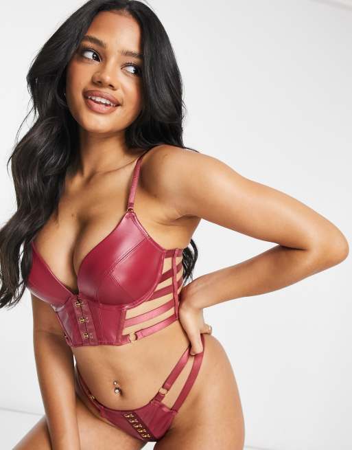 Hunkemoller Vicky PU thong with strappy detail in dark red, 4 of 4