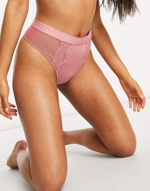 Hunkemoller X NA-KD high waist high leg string thong with lace detail in  pink