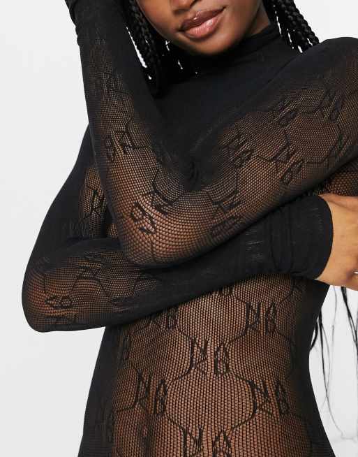 NEW NA-KD BLACK SHEER LACE THONG BODY BODYSUIT LONG SLEEVE TOP PARTY LOOK  UK 10