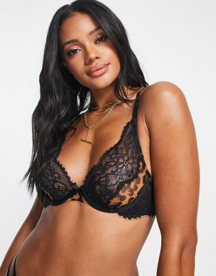 x Nyakim Gatwech Evie lace and print non padded plunge bra in leopard print-Multi