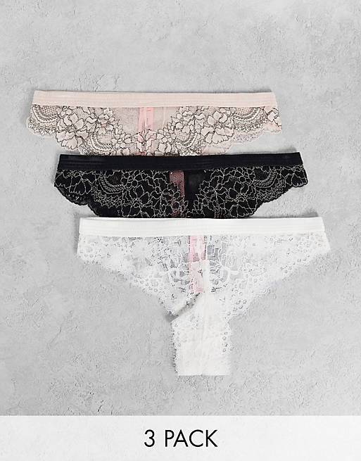  Hunkemoller Yvo high leg lace brazilian brief 3 pack in white, black and pink 
