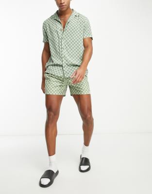 Hunky Trunks Hunky Trunks beach shirt in khaki checkerboard print-Green