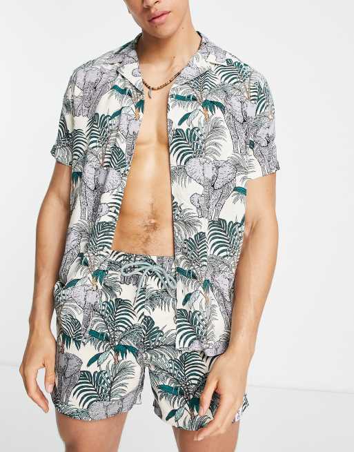 Hunky Trunks beach shirt in light grey palm print