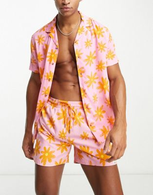 Hunky Trunks beach shirt in pink and orange flower print